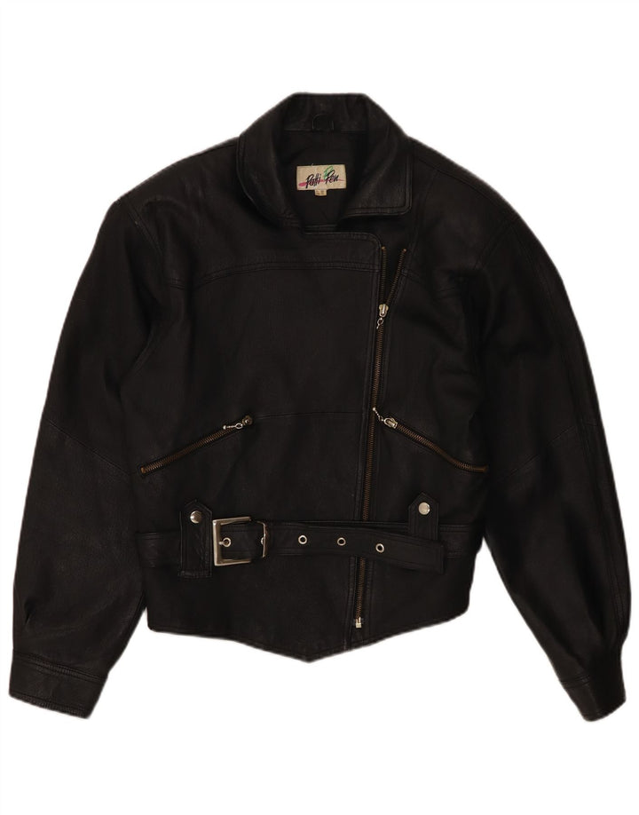 Giacca da motociclista in pelle da donna vintage UK 10 piccola in pelle nera