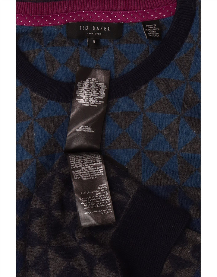 TED BAKER Womens Crew Neck Jumper Sweater Size 4 Large Navy Blue Geometric Vintage Ted Baker and Second-Hand Ted Baker from Messina Hembry 