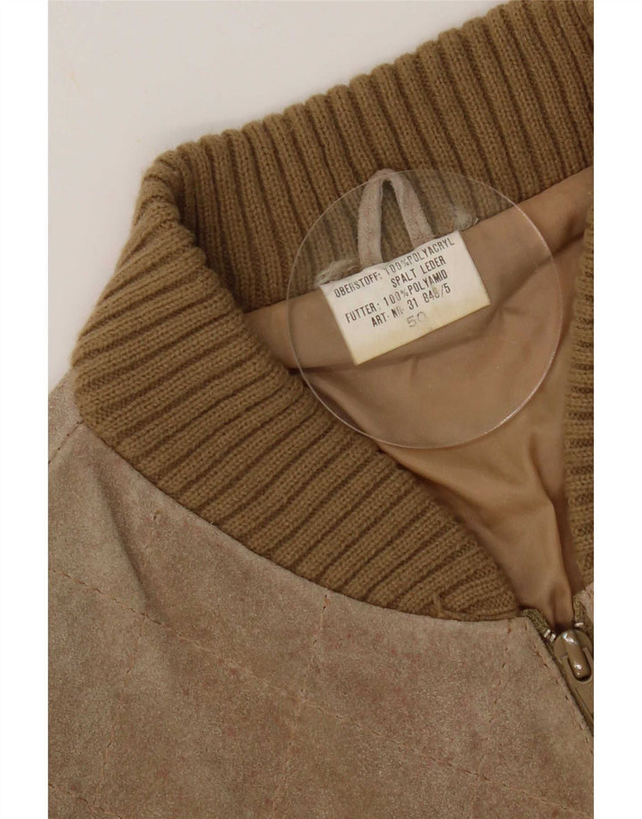 Giubbotto bomber vintage in pelle scamosciata da donna EU 50 XL Beige poliacrilico color block
