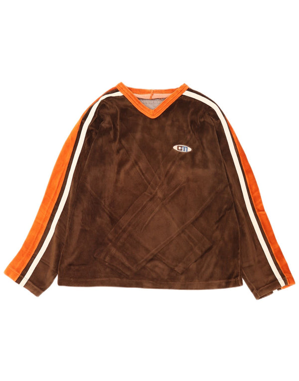 Top vintage da uomo a maniche lunghe in cotone color block marrone grande