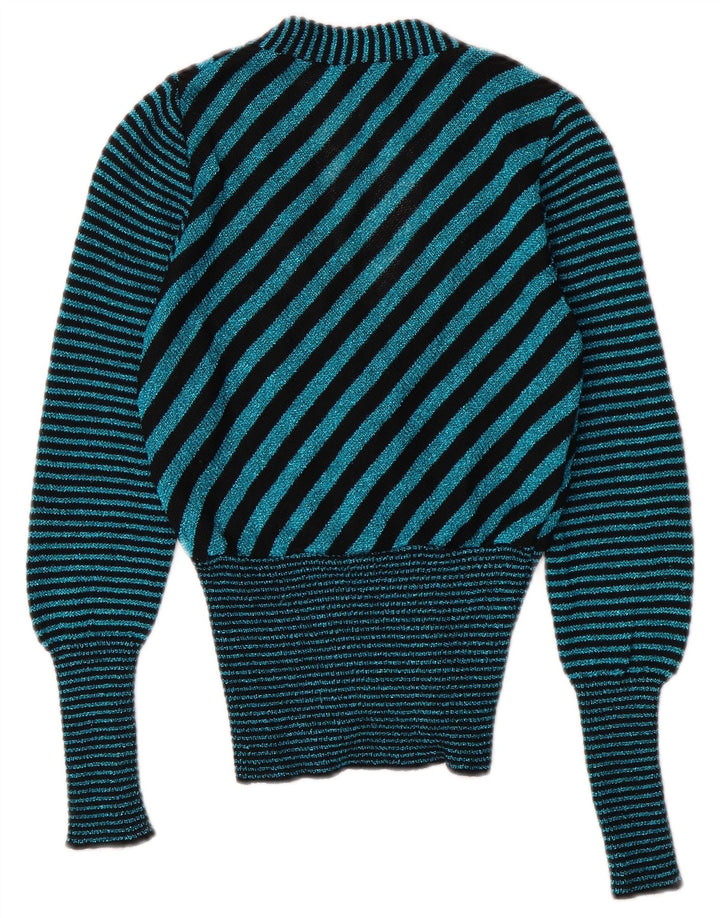 Maglione cardigan con scollo a V vintage da donna UK 6 XS a righe turchesi