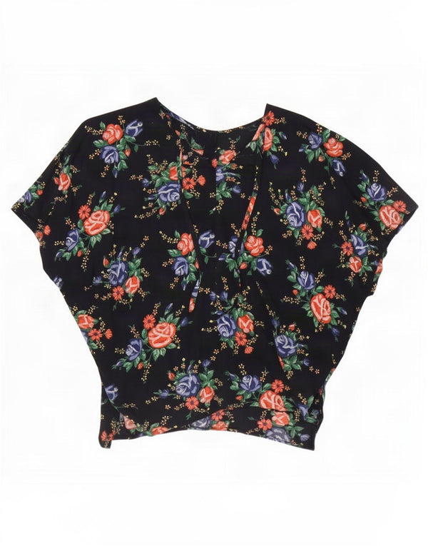 Top in camicetta a pipistrello da donna vintage UK 16 grande blu navy floreale
