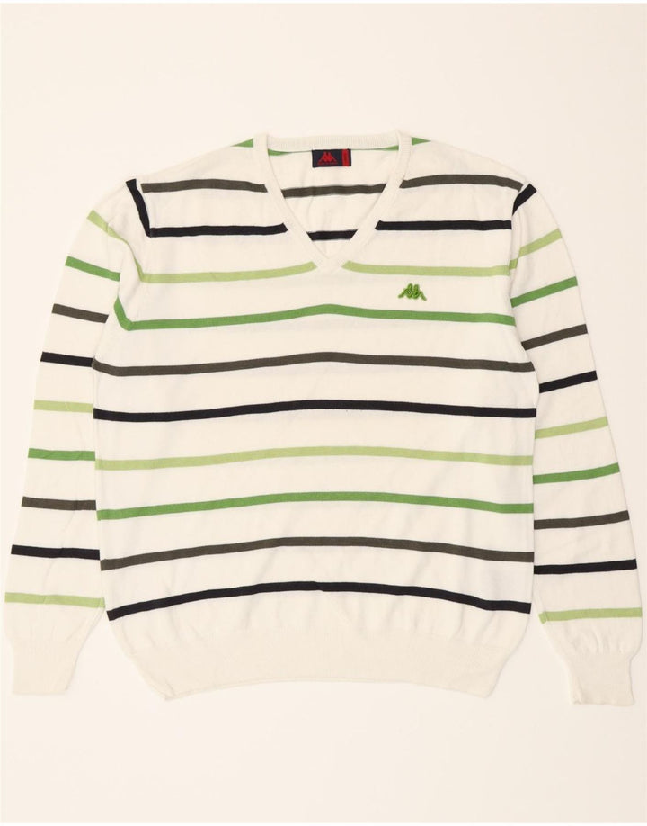 KAPPA Mens V-Neck Jumper Sweater Large White Striped Cotton Vintage Kappa and Second-Hand Kappa from Messina Hembry 