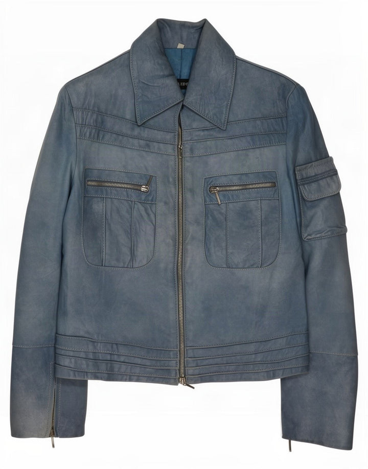 Giacca in pelle vintage da donna UK 10 piccola blu
