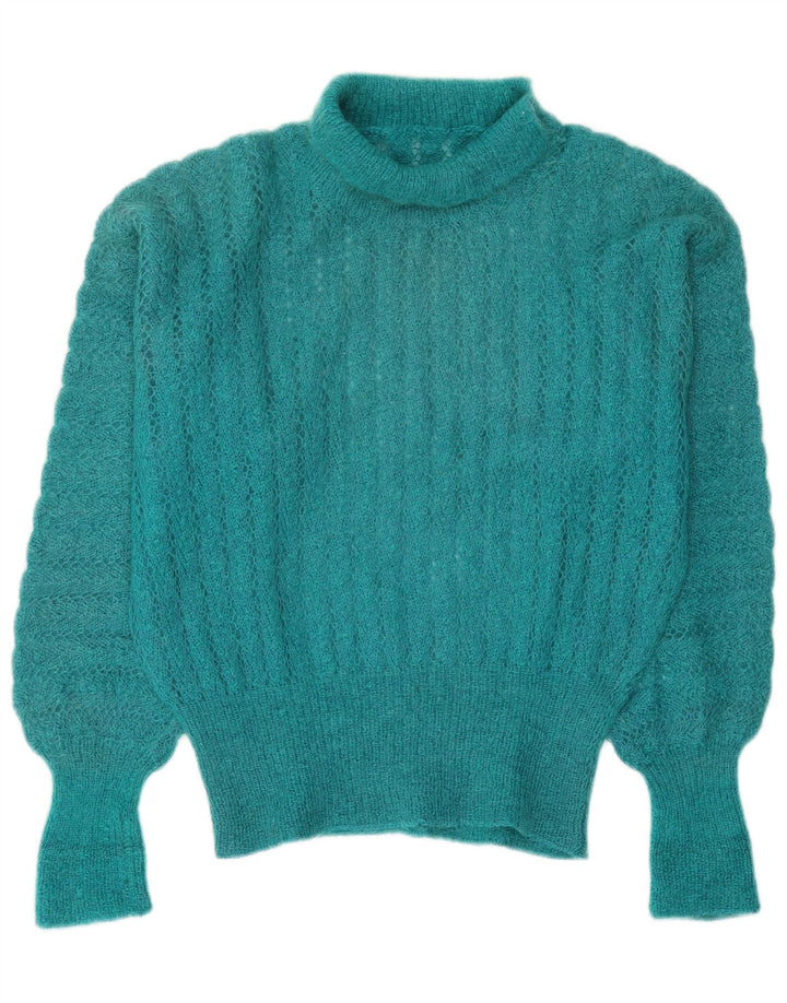 Maglione maglione vintage da donna con collo alto UK 14 Turchese medio