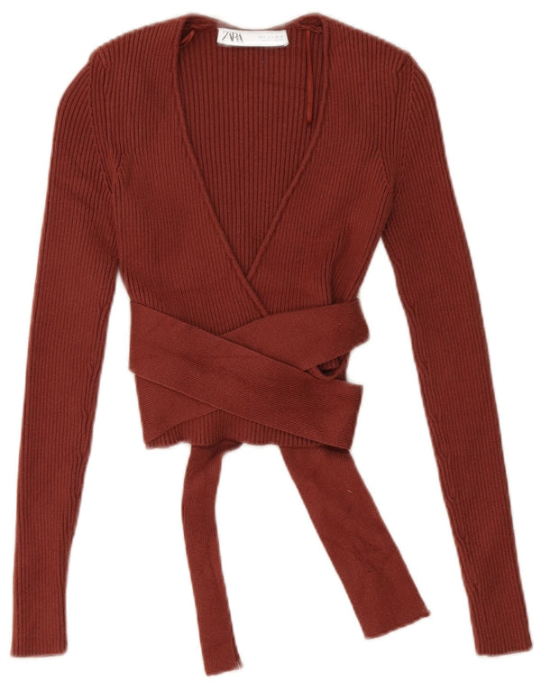 Top cardigan avvolgente a maniche lunghe da donna Zara UK 8 piccolo in viscosa marrone