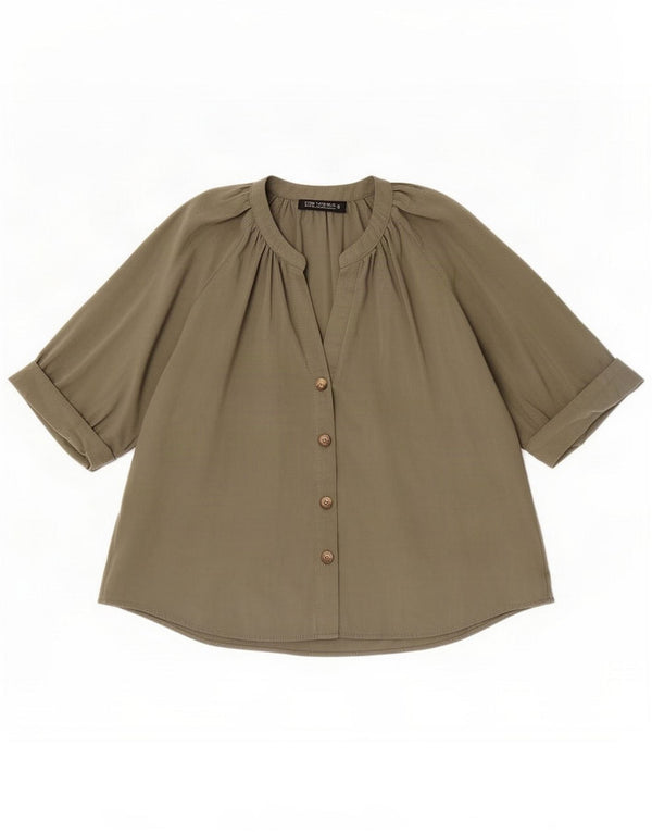 Zara Womens 3/4 Sleeve Shirt Blouse UK 14 Medium Khaki Modal