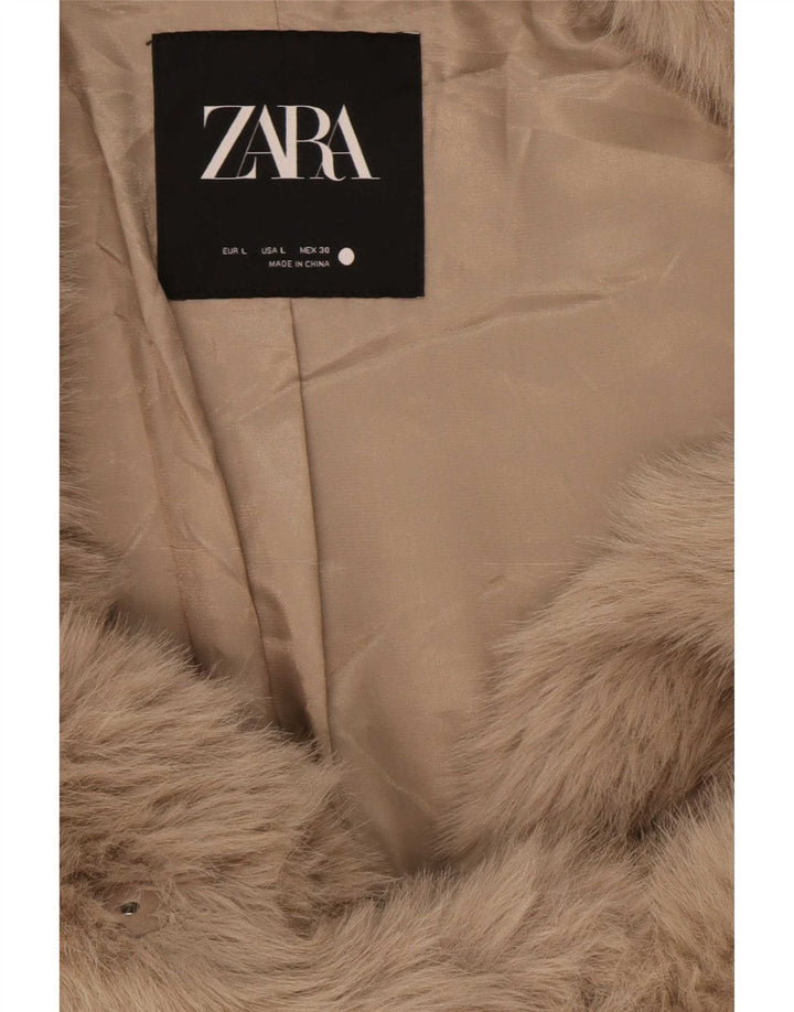 Giacca da donna Zara in popeline di pelliccia sintetica UK 16 grande poliestere beige