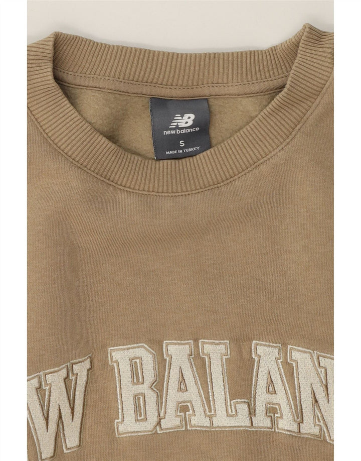 NEW BALANCE Womens Oversized Graphic Sweatshirt Jumper UK 10 Small Beige Vintage New Balance and Second-Hand New Balance from Messina Hembry 
