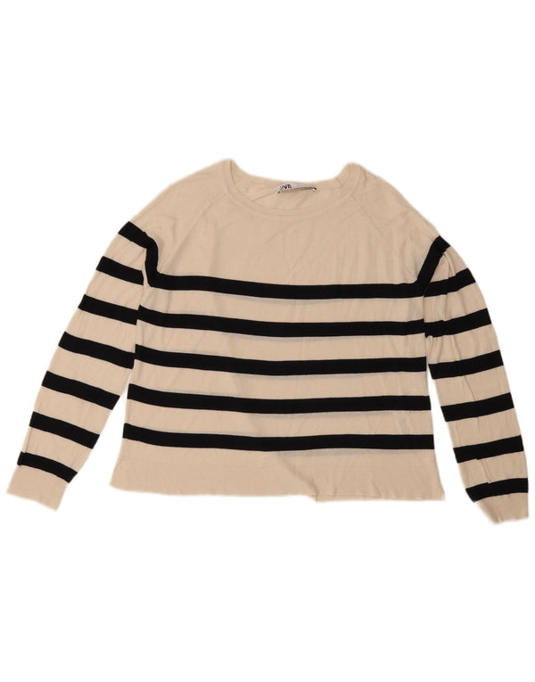 Maglione maglione con scollo a barca da donna Zara UK 14 Viscosa a righe bianco sporco medio