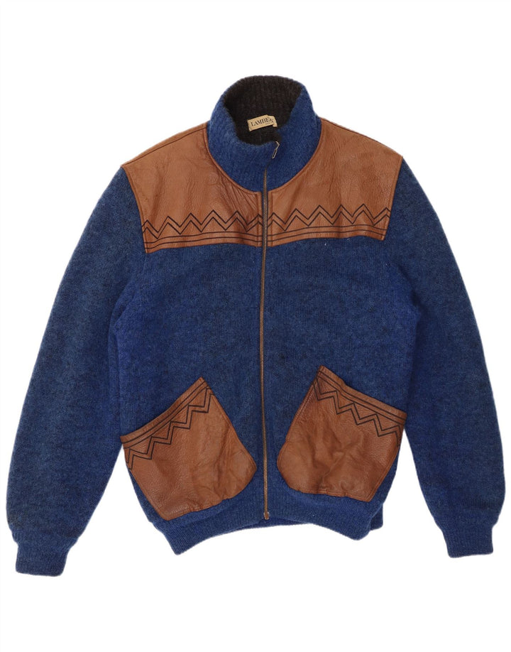 LAMBERS Maglione cardigan da uomo grande in lana color block blu