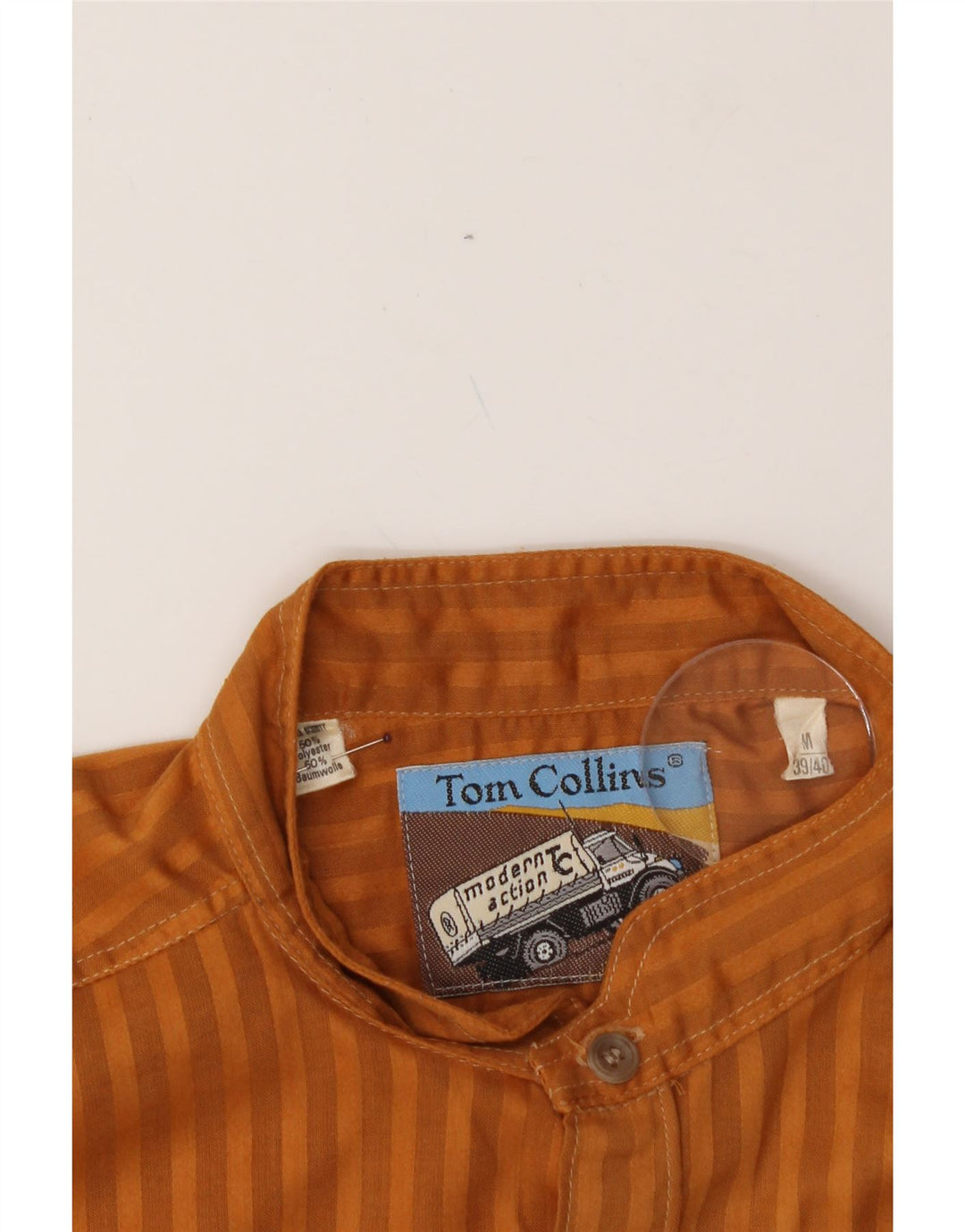 TOM COLLINS Mens Shirt UK 39/40 Medium Orange Striped Polyester Vintage Tom Collins and Second-Hand Tom Collins from Messina Hembry 