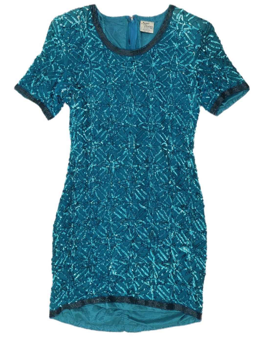 Abito a trapezio con paillettes vintage da donna UK 14 grande seta blu