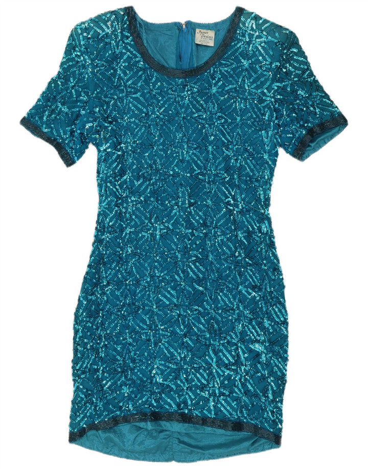 Abito a trapezio con paillettes vintage da donna UK 14 grande seta blu