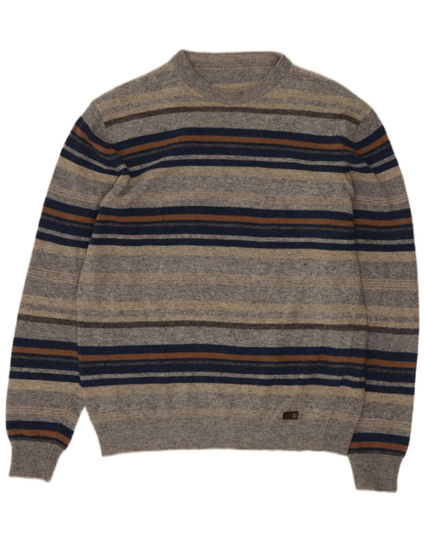 Maglione girocollo da uomo vintage in lana vergine a righe piccole grigie