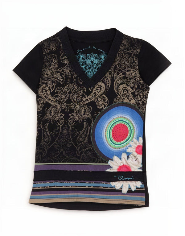 Desigual T-shirt grafica da donna Top UK 10 Small Blu navy floreale in cotone