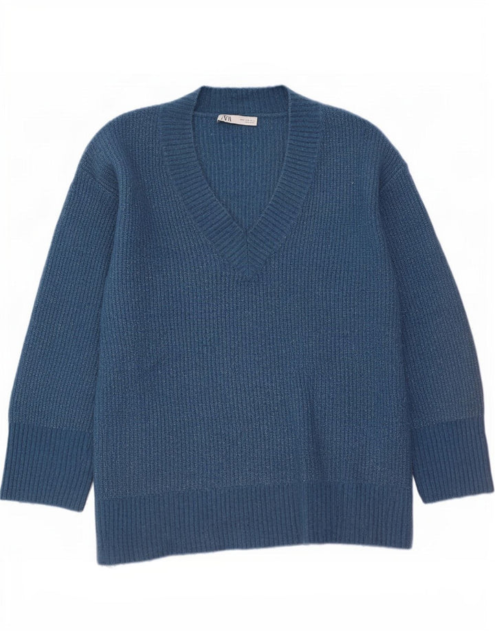 Maglione maglione oversize con scollo a V da donna Zara UK 14 Poliestere blu medio