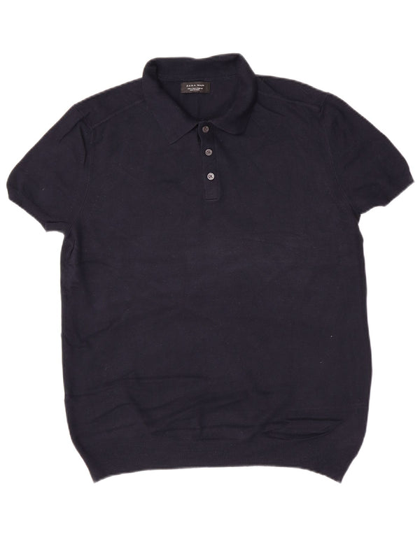 Maglione Zara da uomo a maniche corte con collo a polo grande blu navy