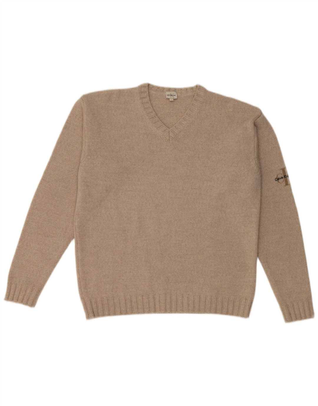 Maglione da uomo con scollo a V Calvin Klein in lana merino beige medio