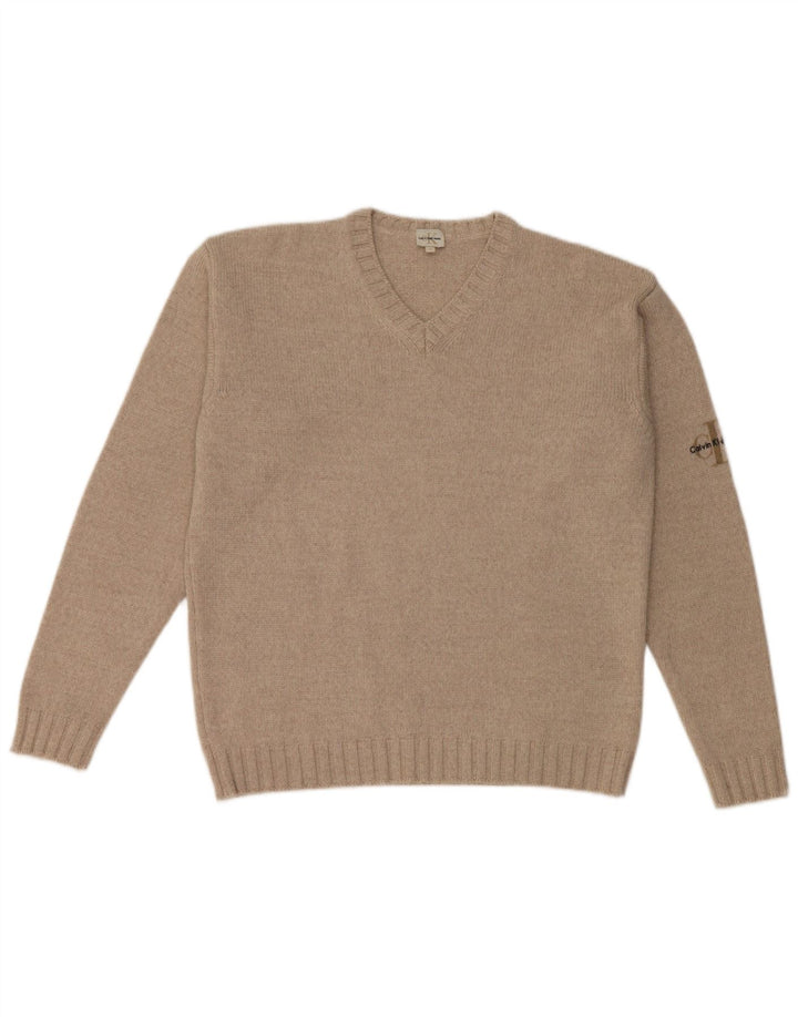 Maglione da uomo con scollo a V Calvin Klein in lana merino beige medio