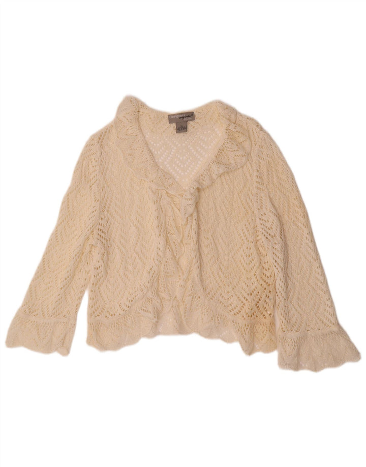 Maglione cardigan all'uncinetto con maniche a 3/4 corto da donna VINTAGE UK 18 XL bianco sporco