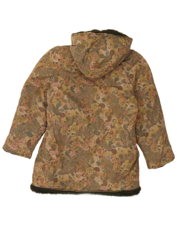 Giacca parka sherpa vintage da donna con cappuccio UK 12 medio multicolore floreale