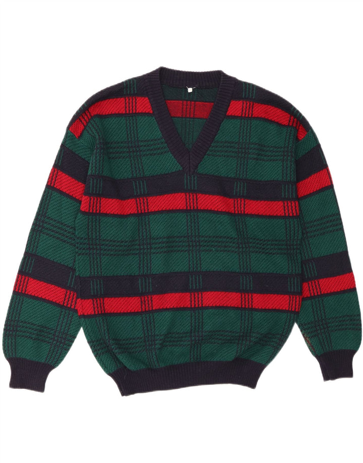 Maglione da uomo VINTAGE con scollo a V, lana a righe verdi grandi