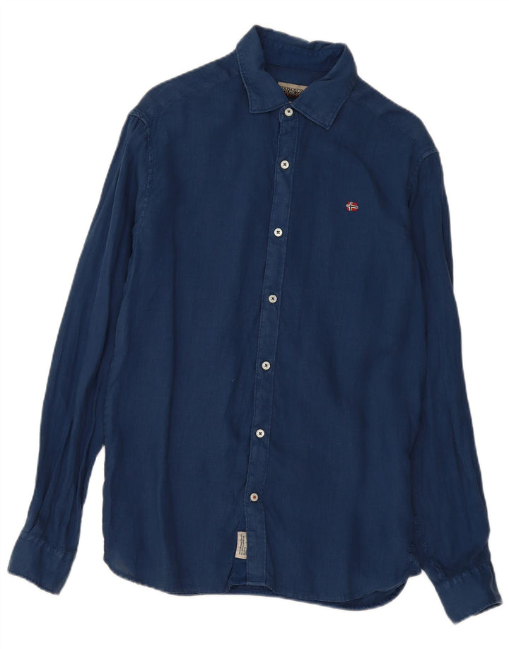 Camicia Napapijri da uomo vestibilità regolare in lino blu navy medio