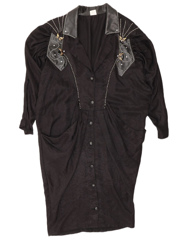 Abito camicia a maniche lunghe con grafica vintage da donna UK 18 XL in viscosa nera