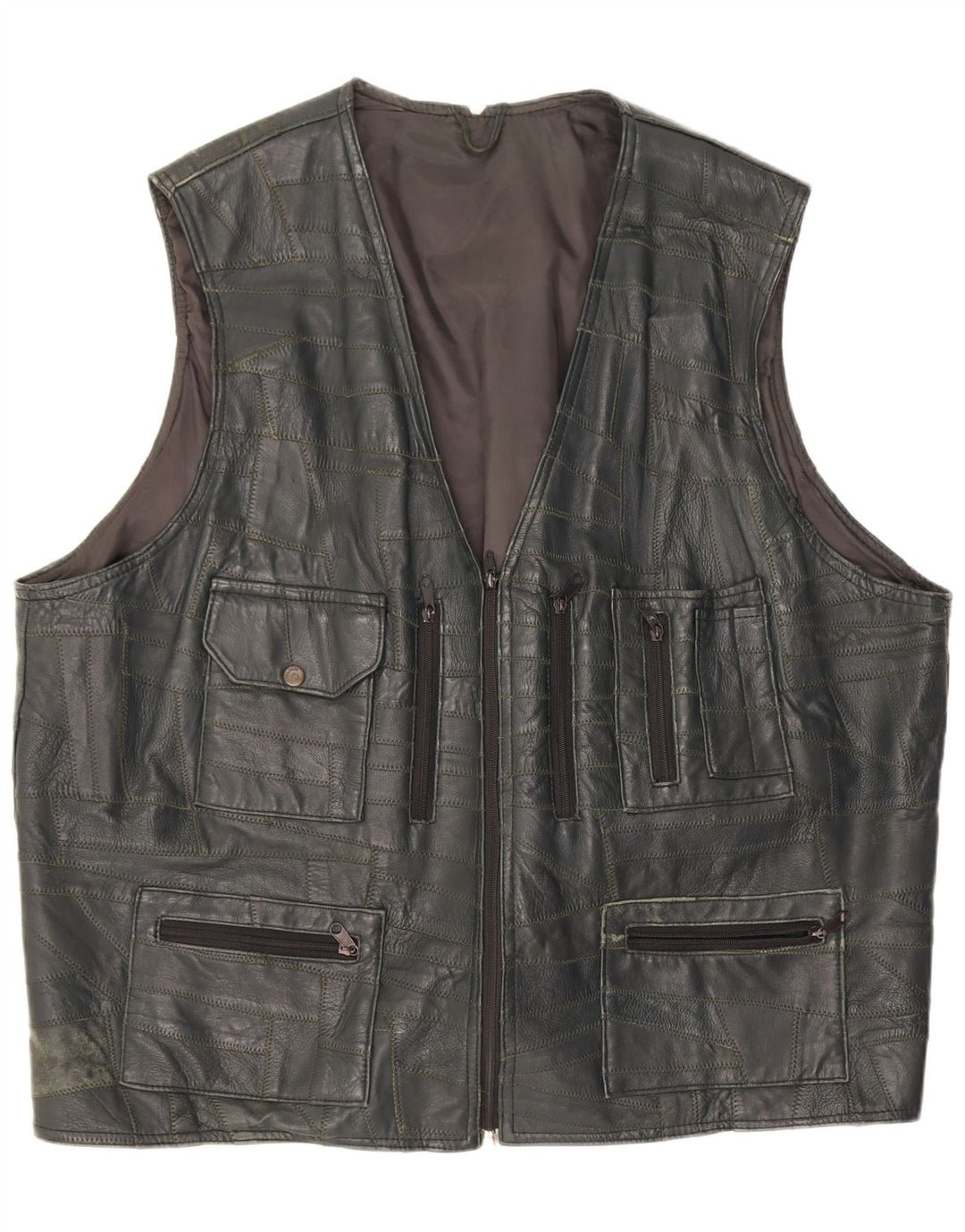 Gilet multiuso in pelle da uomo vintage UK 46 3XL Patchwork nero
