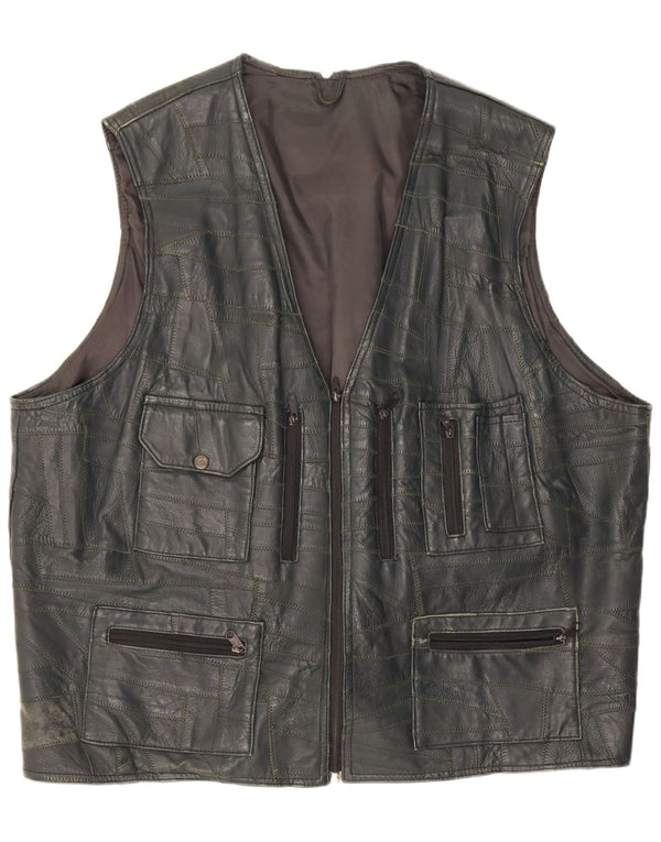 Gilet multiuso in pelle da uomo vintage UK 46 3XL Patchwork nero