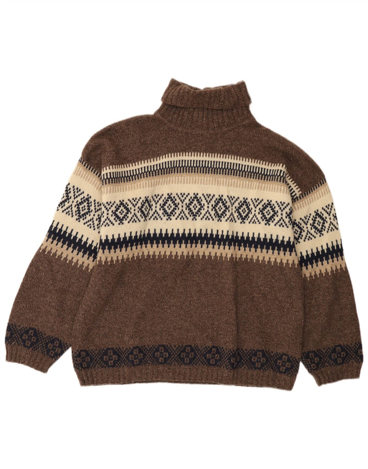 Maglione da uomo con collo alto color limone, lana Fair Isle marrone medio