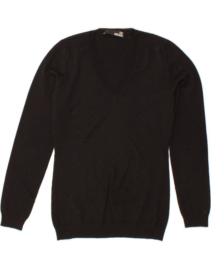 MOSCHINO Womens V-Neck Jumper Sweater UK 8 Small Black Wool Vintage Moschino and Second-Hand Moschino from Messina Hembry 