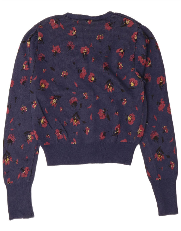 Maglione cardigan corto da donna ZARA UK 10 piccolo poliammide floreale blu navy