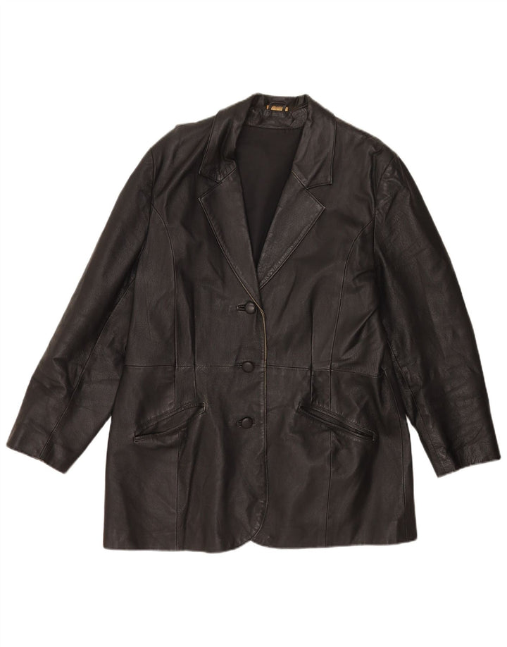 Giacca blazer in pelle vintage da donna a 3 bottoni UK 20 2XL in pelle nera