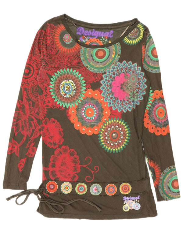 Desigual Donna Graphic Top Manica Lunga UK 10 Small Khaki Floral