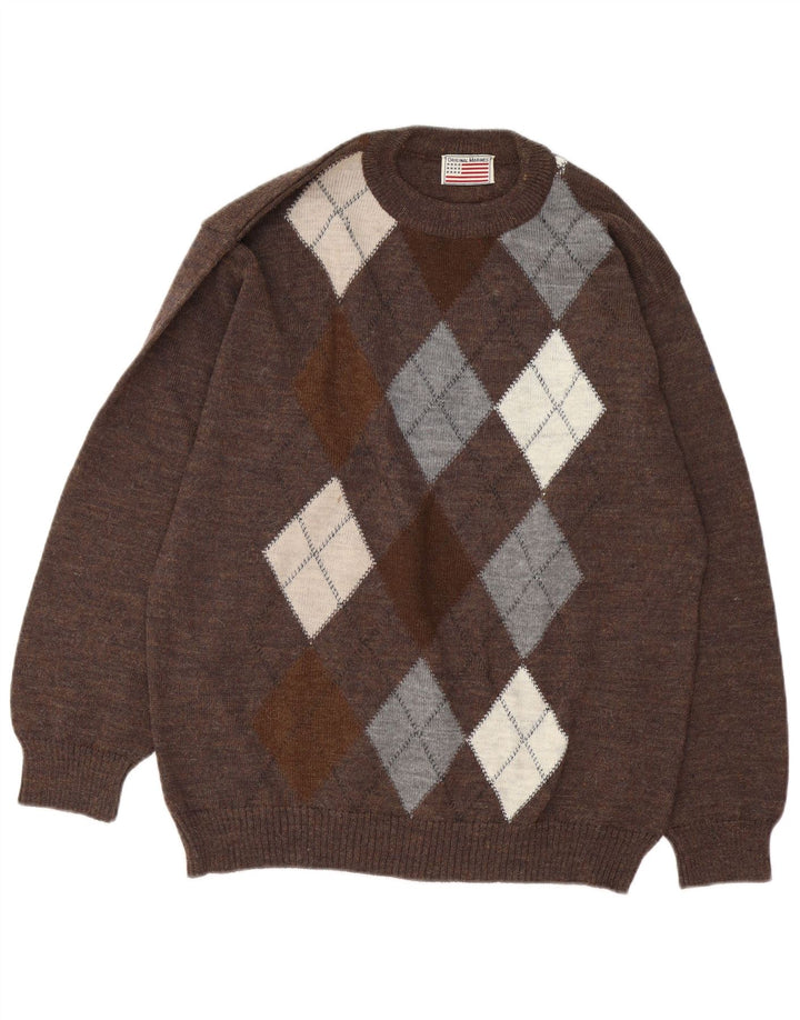 Maglione maglione girocollo da uomo vintage grande marrone a rombi/diamante