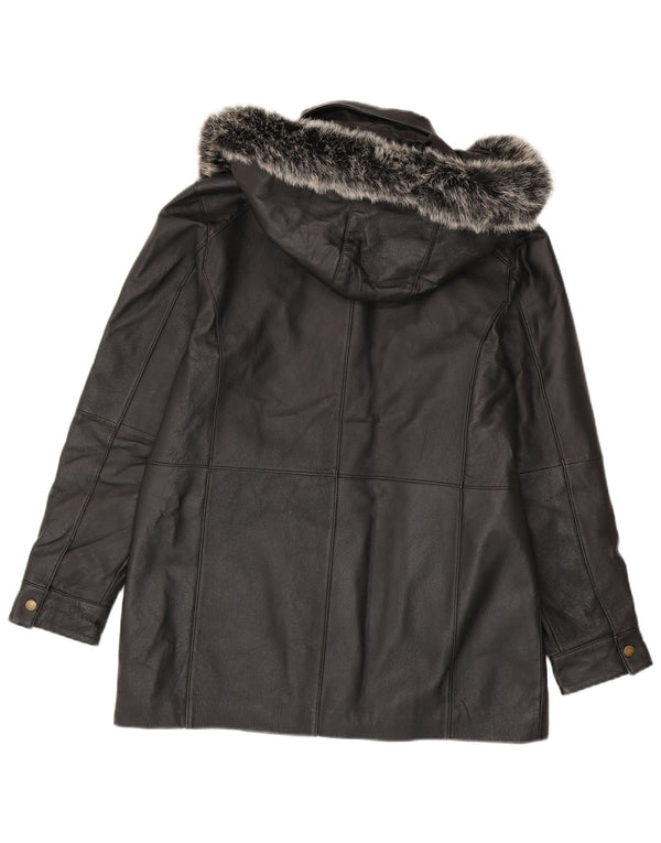Giacca in pelle con cappuccio da donna vintage UK 14 media nera
