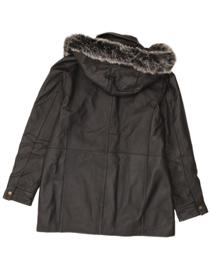 Giacca in pelle con cappuccio da donna vintage UK 14 media nera