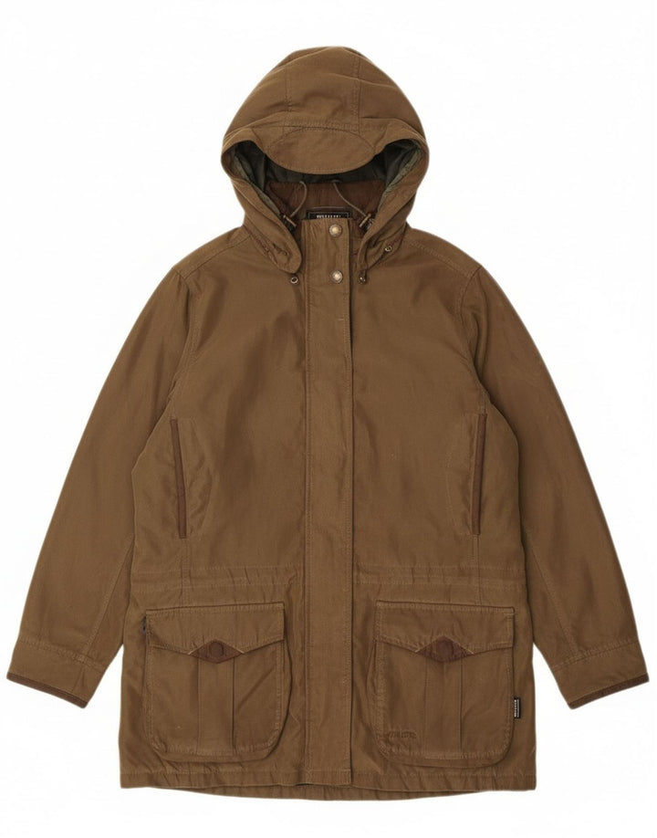 Giacca Parka da donna con cappuccio e zip Musto UK 16 grande poliestere kaki classico