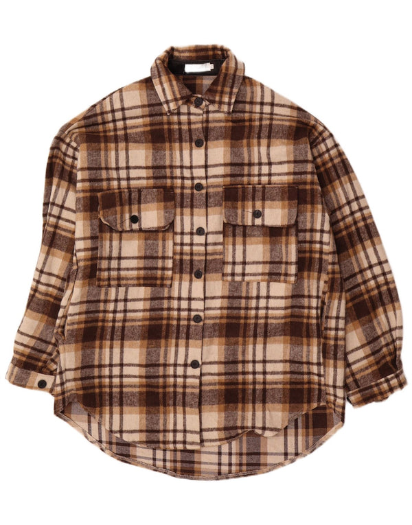 Abito camicia oversize in flanella da donna vintage UK 10 piccolo cotone a quadri marrone