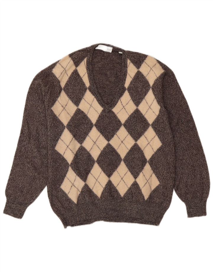 PAQUITO Maglione da donna con scollo a V UK 14 Grigio medio Argyle/Diamante