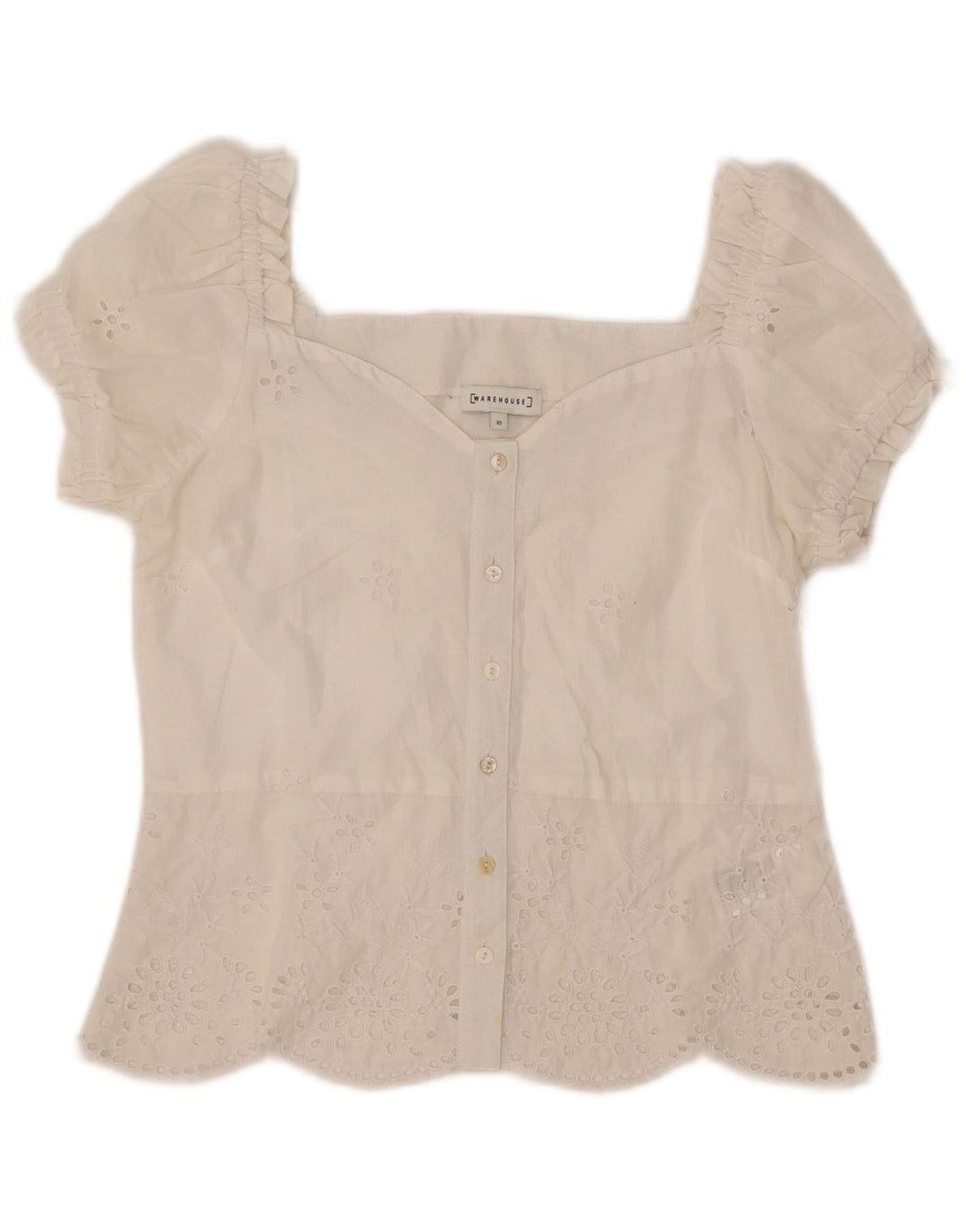 WAREHOUSE Camicia da donna a maniche corte camicetta UK 10 piccola poliestere bianco