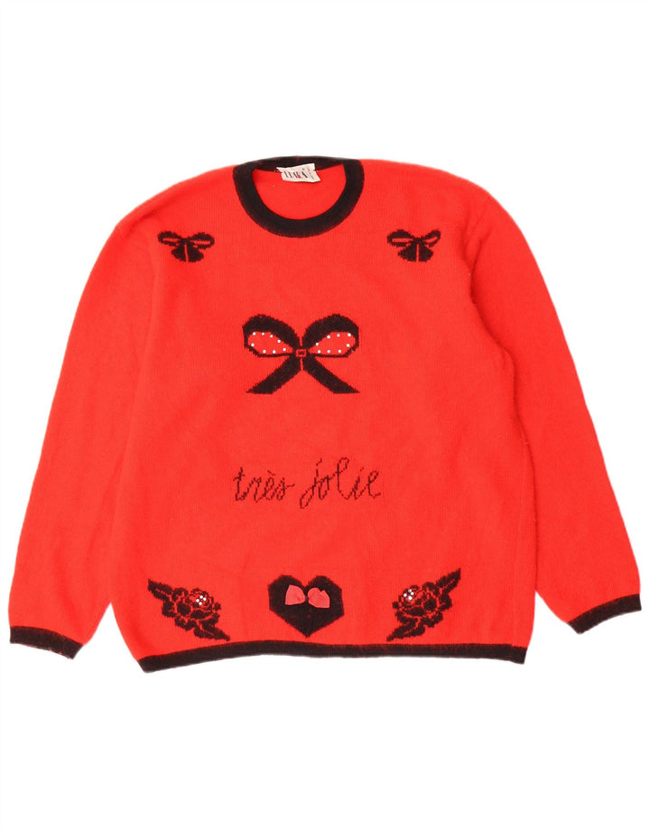 VINTAGE Womens Graphic Crew Neck Jumper Sweater IT 46 Large Red Angora