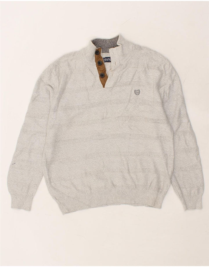CHAPS Mens Button Neck Jumper Sweater Medium Grey Striped Vintage Chaps and Second-Hand Chaps from Messina Hembry 