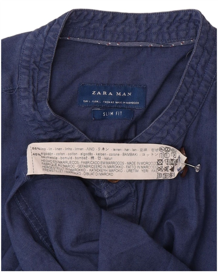 Camicia Zara da uomo slim fit grande in lino blu