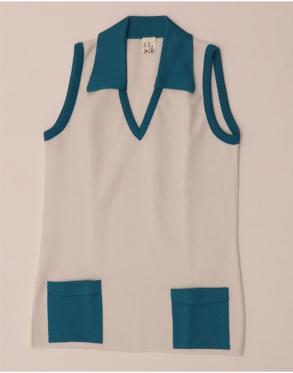 Canotta vintage da donna con collo a polo IT 42 Colorblock bianco medio