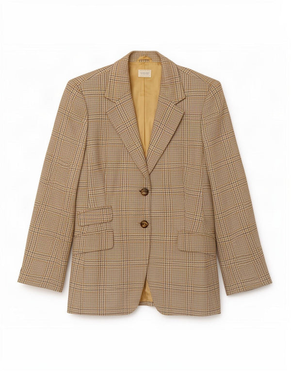 Giacca Blazer a 2 Bottoni da Donna Benetton IT 46 Large Beige Pied De Poule in Lana