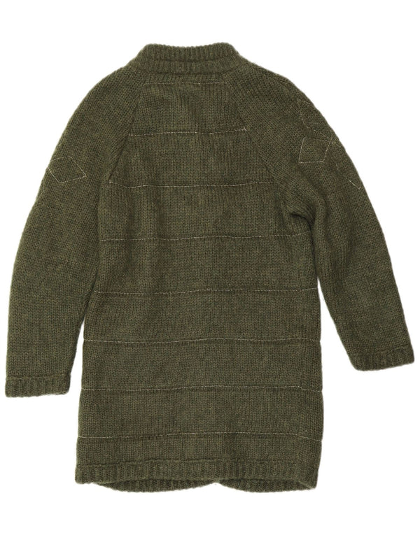 Maglione cardigan lungo da donna vintage UK 10 piccolo verde geometrico