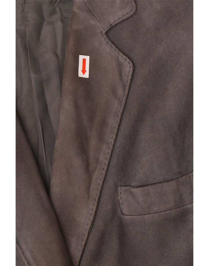 Giacca blazer doppiopetto in pelle scamosciata da donna VINTAGE UK 14 Grigio medio